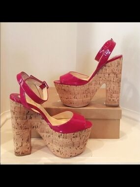 Christian Louboutin Super Dombasle Platform Cork High Heel Wedge Sandals - Pink